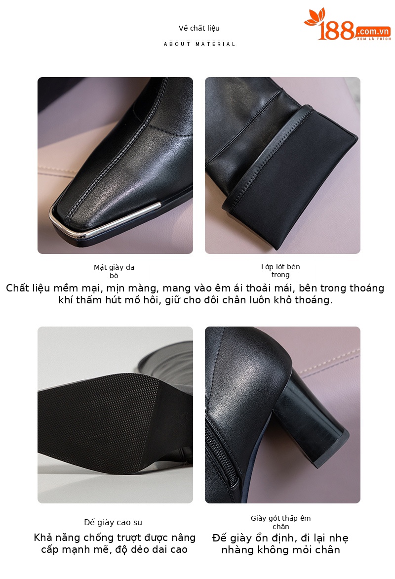 Boot nữ cổ cao quá gối da sáng chế mũi vuông kim loại gót vuông ôm chân co giãn — Lớp lót bằng da sáng chế màu đen chi tiết 5