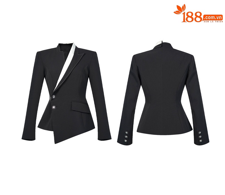 Áo vest blazer nữ thiết kế bất đối xứng phối đen trắng tương phản, kiểu dáng mới xuân hè — màu đen chi tiết 4