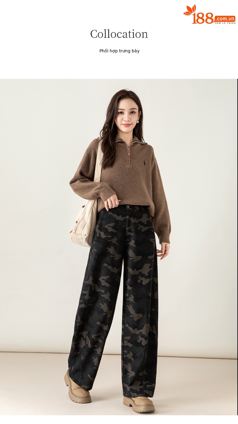 Quần jean nữ ống rộng phong cách Mỹ retro họa tiết ngụy trang — ngụy trang chi tiết 9