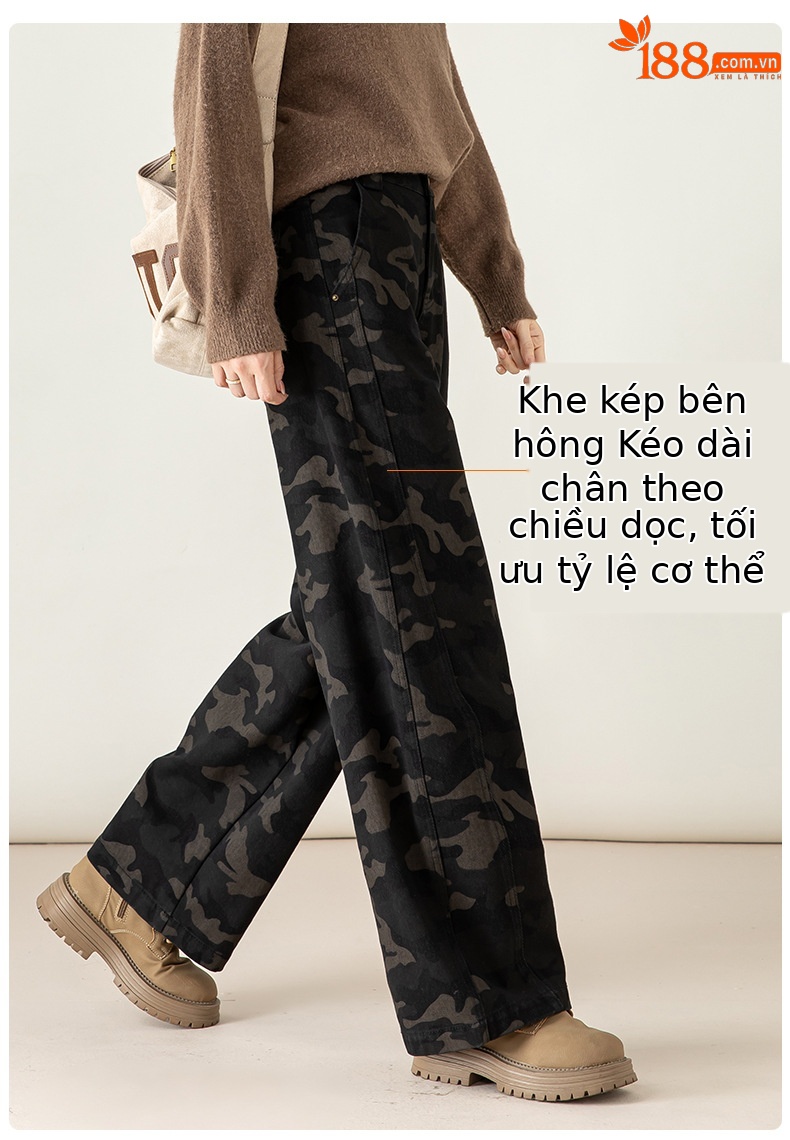 Quần jean nữ ống rộng phong cách Mỹ retro họa tiết ngụy trang — ngụy trang chi tiết 11