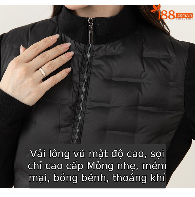 Áo phao lông vũ trắng nhẹ nữ cổ đứng, dáng suông, mặc lót hoặc ngoài trời mùa đông — màu đen chi tiết 5