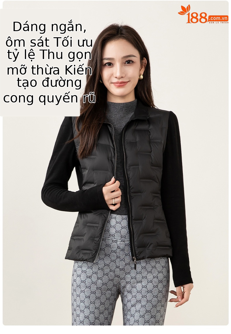 Áo phao lông vũ trắng nhẹ nữ cổ đứng, dáng suông, mặc lót hoặc ngoài trời mùa đông — màu đen chi tiết 12