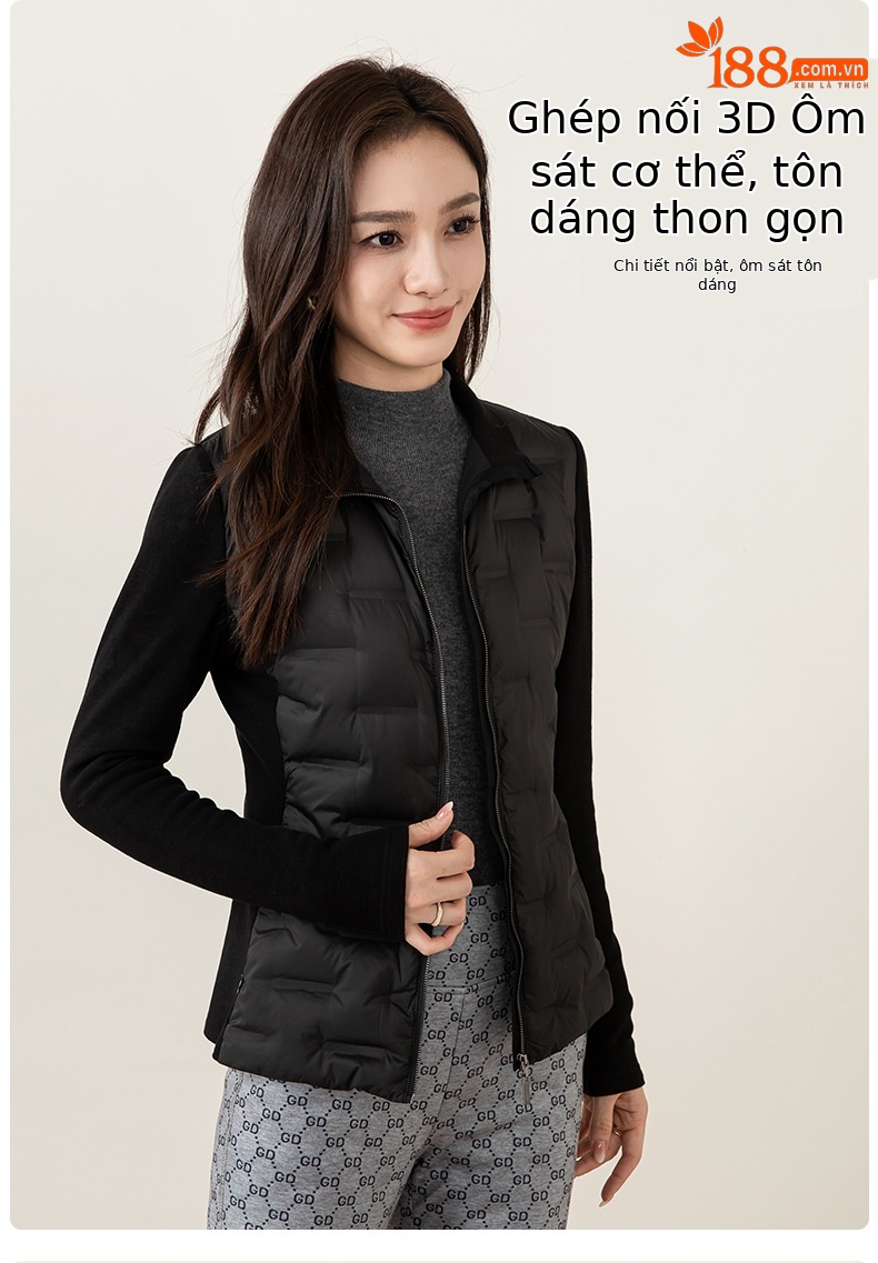 Áo phao lông vũ trắng nhẹ nữ cổ đứng, dáng suông, mặc lót hoặc ngoài trời mùa đông — màu đen chi tiết 13