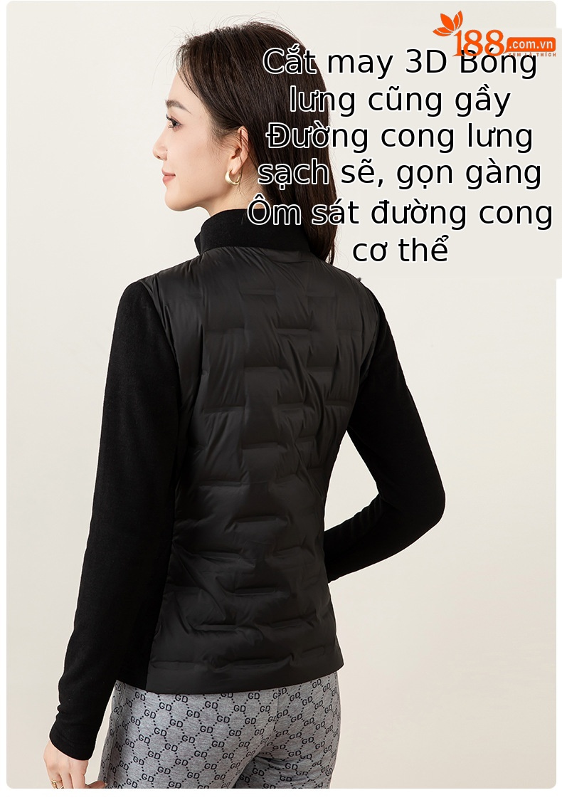 Áo phao lông vũ trắng nhẹ nữ cổ đứng, dáng suông, mặc lót hoặc ngoài trời mùa đông — màu đen chi tiết 15