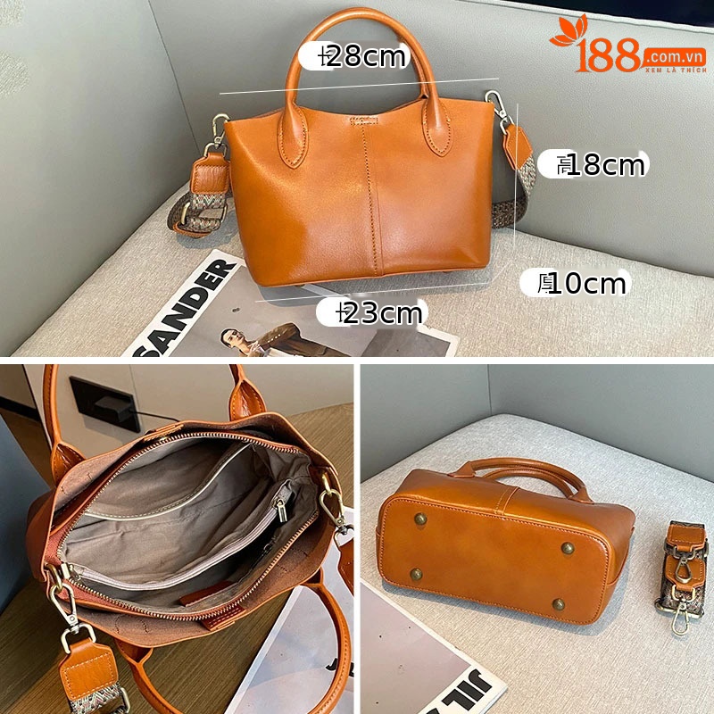 Túi tote da bò thật đeo chéo nữ nhiều ngăn dung tích lớn 28×10×18 cm — đen