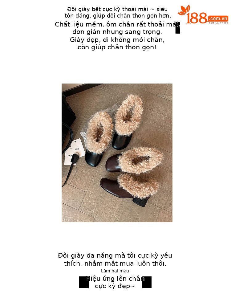 Giày búp bê Mary Jane mũi vuông lót lông cừu giữ nhiệt, gót thô mùa đông — màu nâu chi tiết 3