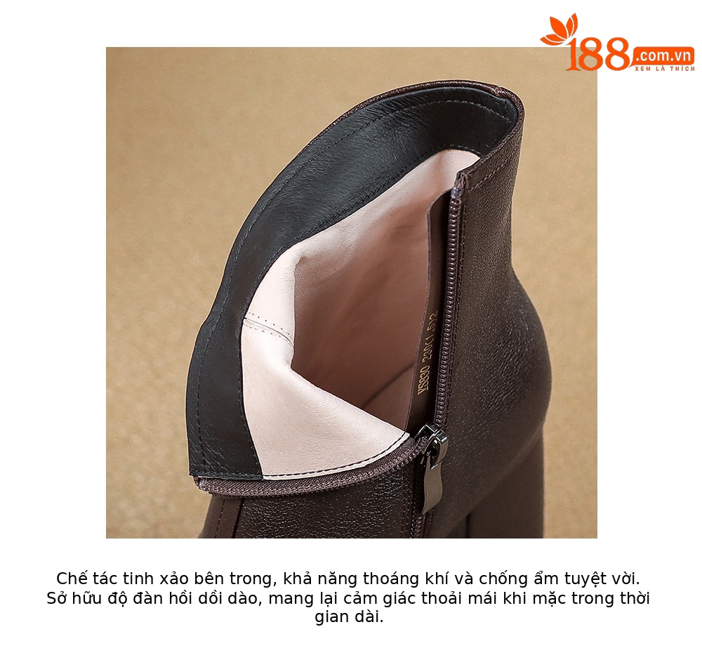 Boot nữ cổ cao ôm chân da dê mềm gót vuông đế xuồng 12.5 cm — Lớp lót nhung đen chi tiết 20