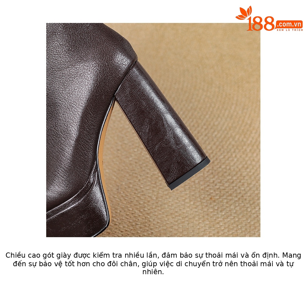 Boot nữ cổ cao ôm chân da dê mềm gót vuông đế xuồng 12.5 cm — Lớp lót nhung đen chi tiết 21