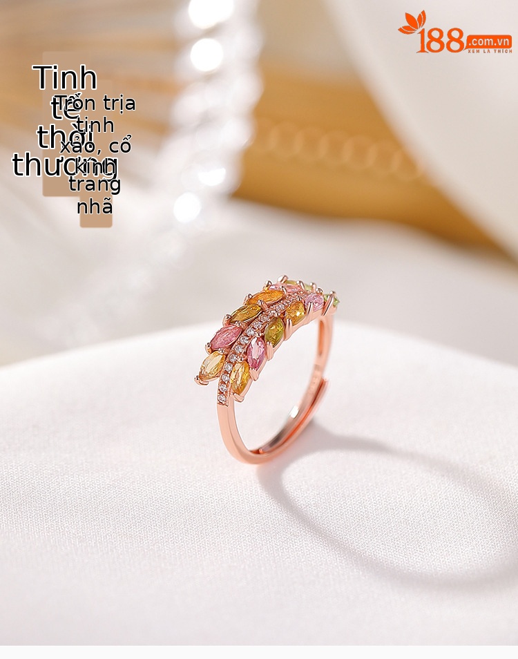 Nhẫn bạc S925 mạ vàng hồng đính đá tourmaline lông vũ mở điều chỉnh — bạc 925 chi tiết 1