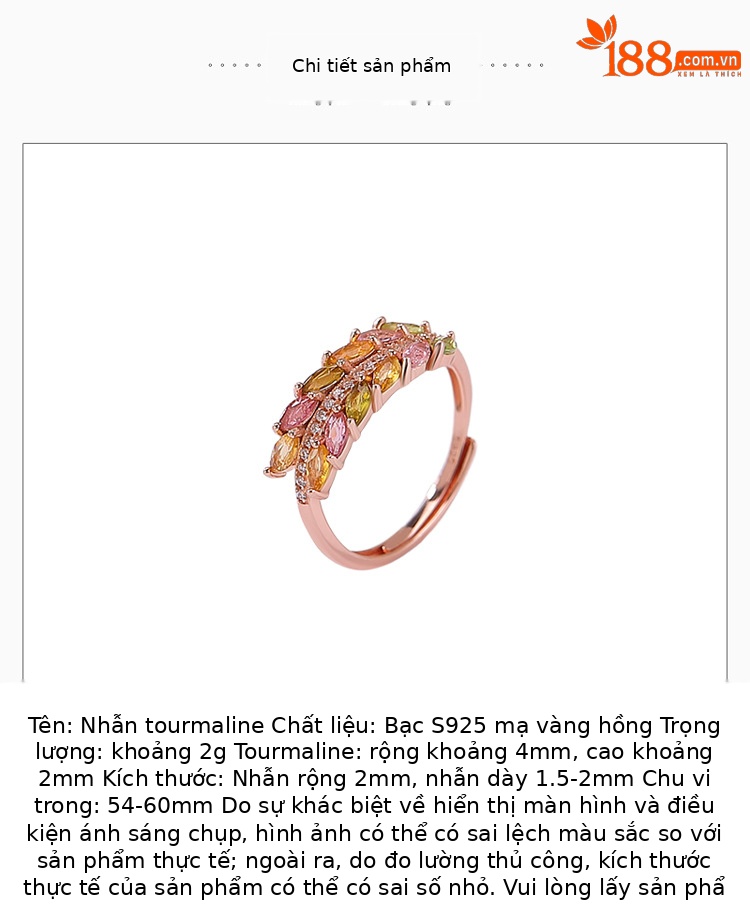 Nhẫn bạc S925 mạ vàng hồng đính đá tourmaline lông vũ mở điều chỉnh — bạc 925 chi tiết 2