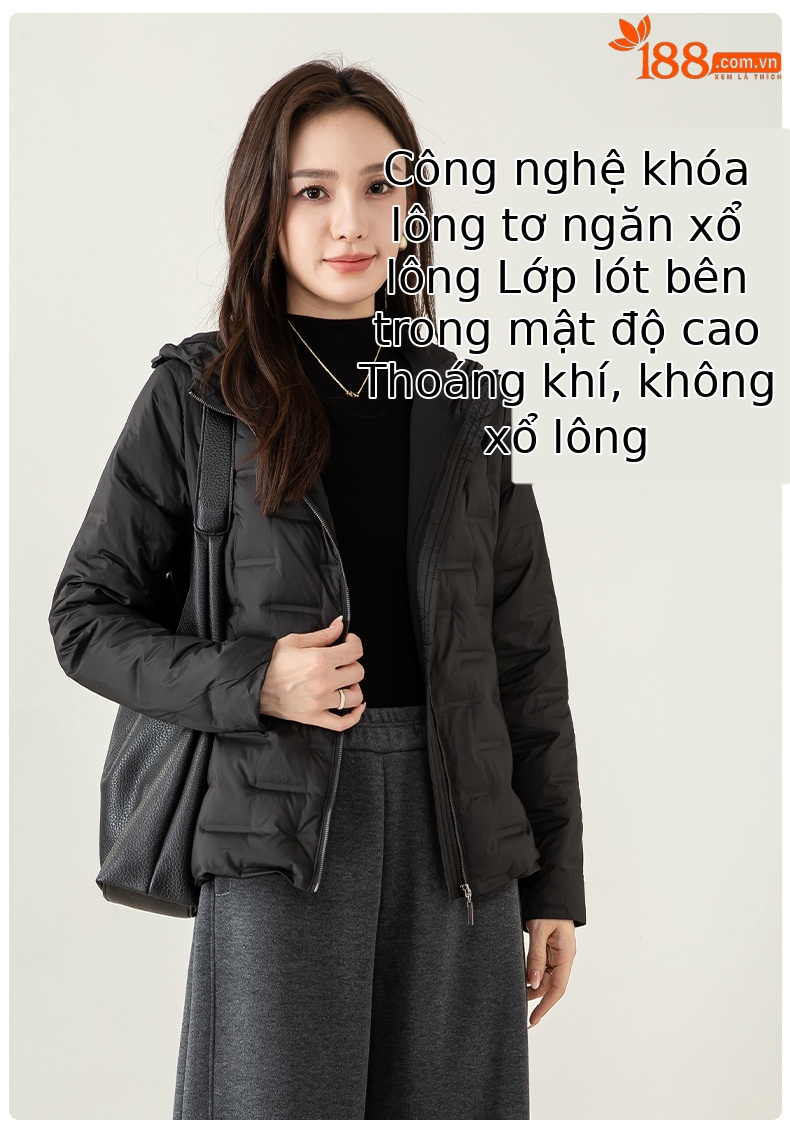 Áo phao nhẹ nữ mũ liền, phong cách nhiều lớp, giữ ấm thoải mái — màu đen chi tiết 11