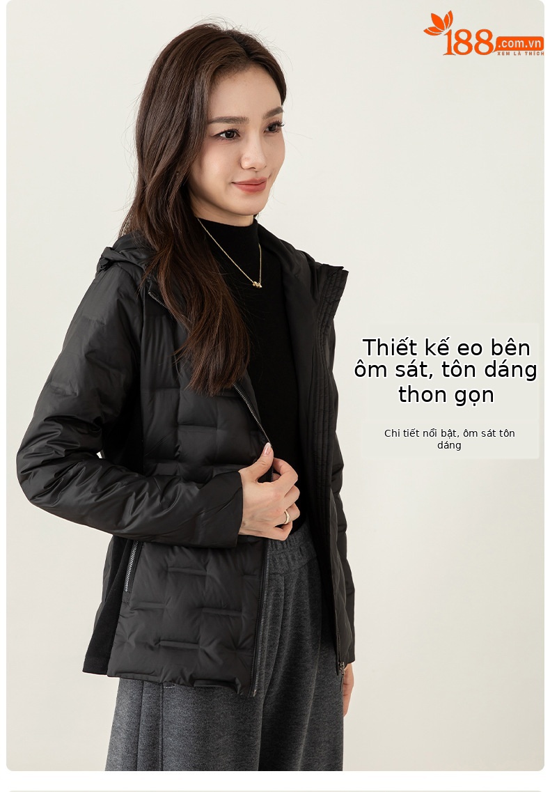 Áo phao nhẹ nữ mũ liền, phong cách nhiều lớp, giữ ấm thoải mái — màu đen chi tiết 13