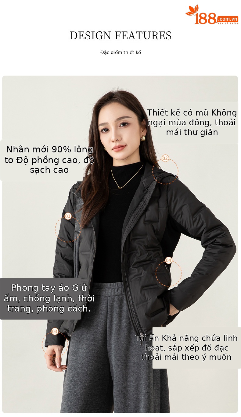 Áo phao nhẹ nữ mũ liền, phong cách nhiều lớp, giữ ấm thoải mái — màu đen chi tiết 9