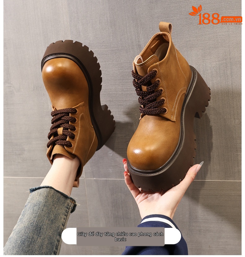 Giày boot nữ đế dày tăng chiều cao, dây buộc, phong cách đa năng — màu đen chi tiết 1