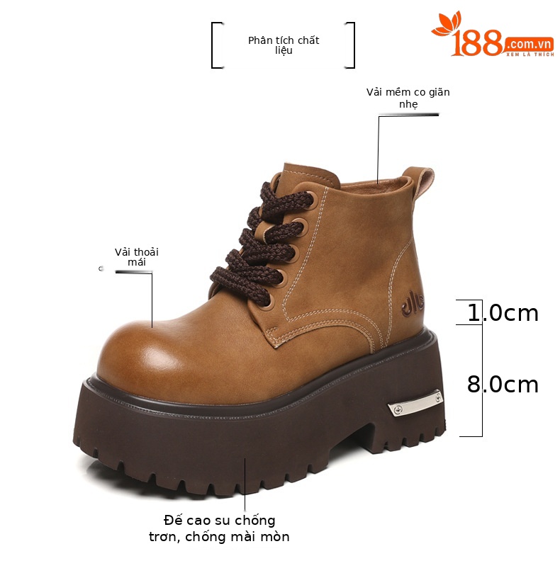 Giày boot nữ đế dày tăng chiều cao, dây buộc, phong cách đa năng — màu đen chi tiết 3