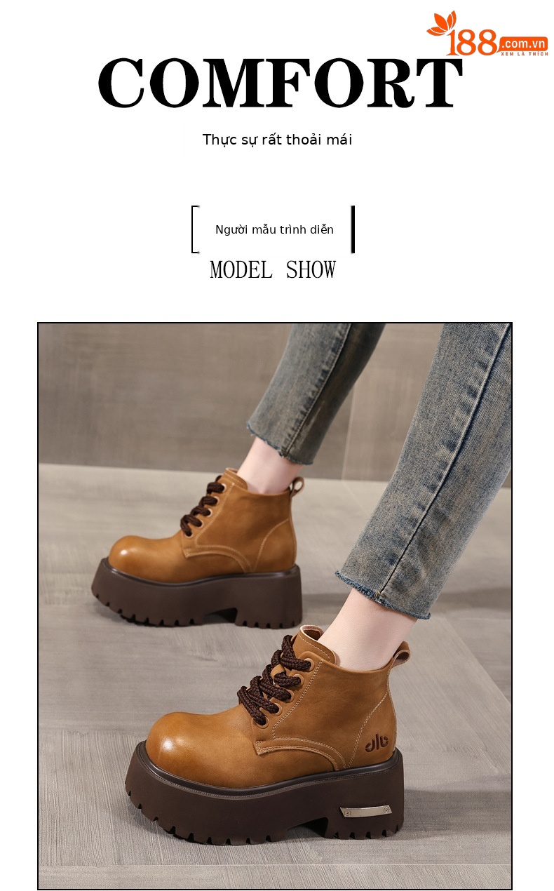 Giày boot nữ đế dày tăng chiều cao, dây buộc, phong cách đa năng — màu đen chi tiết 9