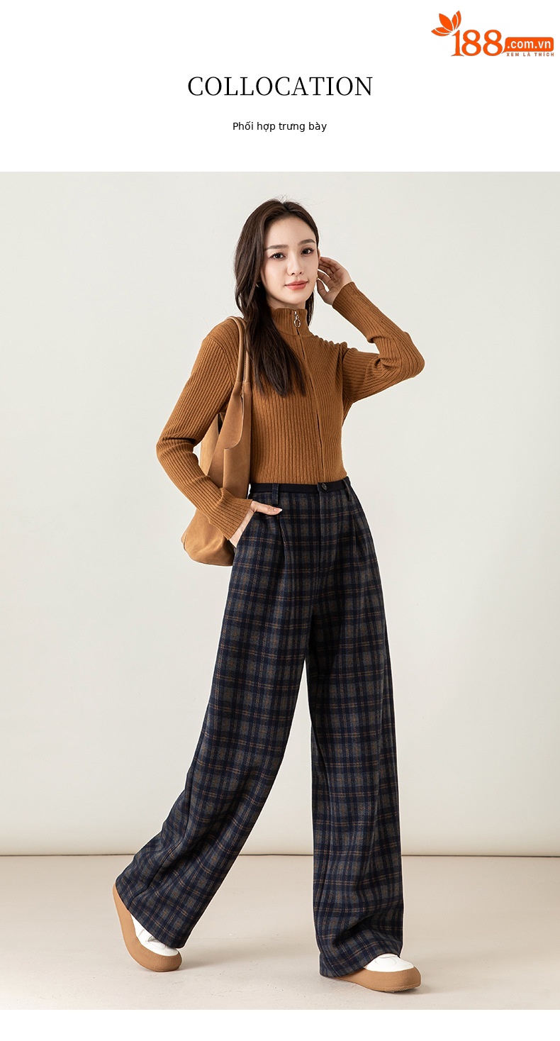 Quần ống rộng nữ kẻ sọc Hàn Quốc cạp cao dáng suông — Lưới màu xanh chi tiết 8