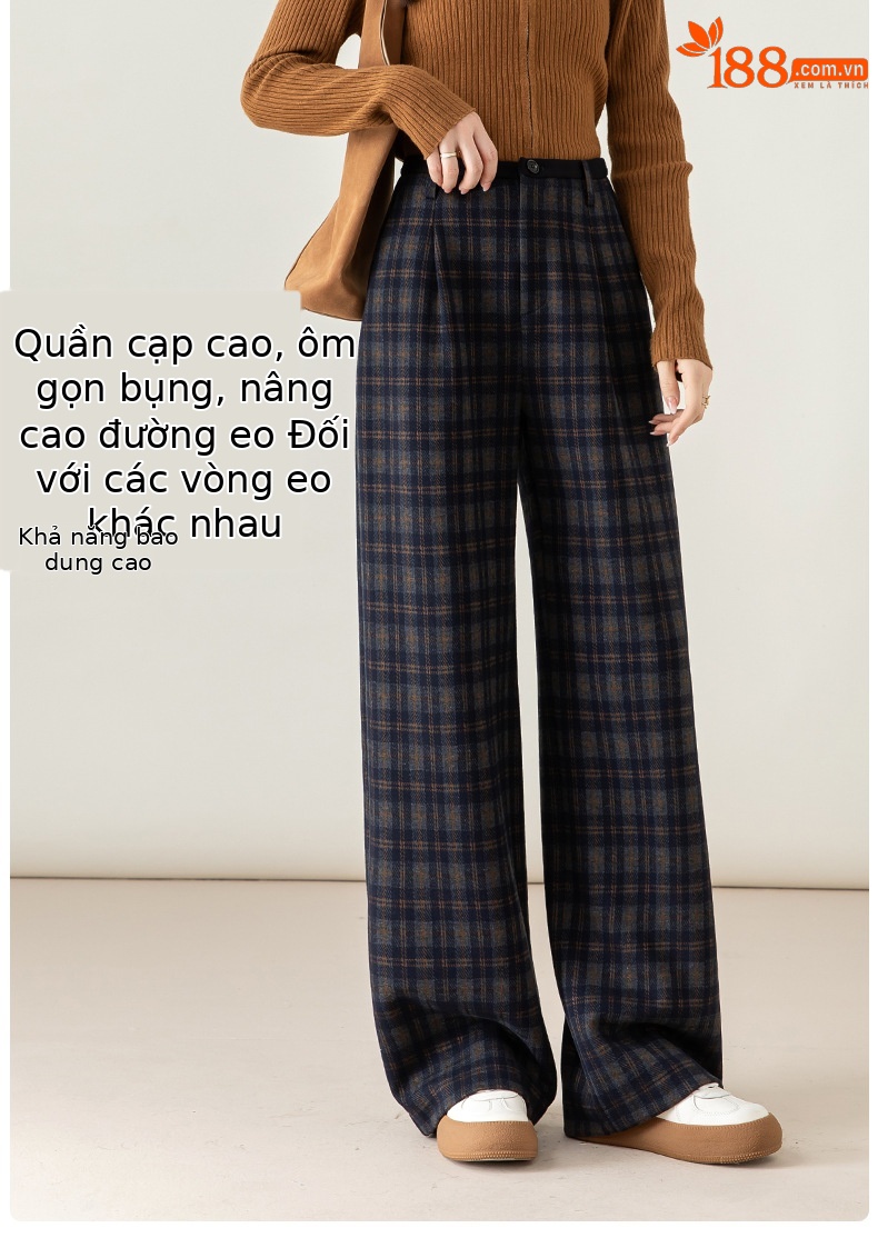 Quần ống rộng nữ kẻ sọc Hàn Quốc cạp cao dáng suông — Lưới màu xanh chi tiết 12