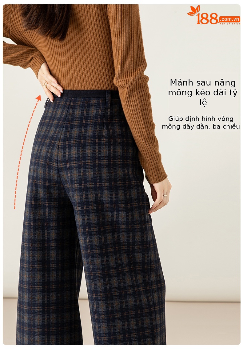 Quần ống rộng nữ kẻ sọc Hàn Quốc cạp cao dáng suông — Lưới màu xanh chi tiết 15