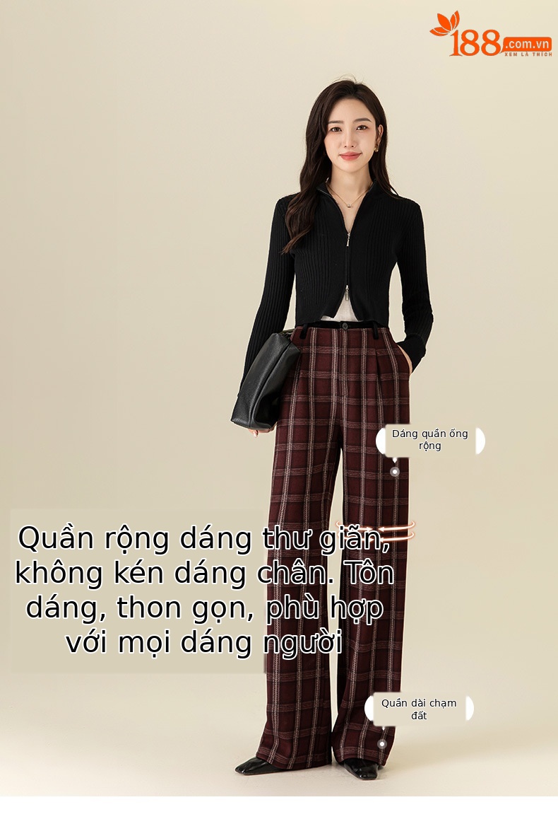 Quần ống rộng nữ kẻ sọc Hàn Quốc cạp cao dáng suông — Lưới màu xanh chi tiết 37