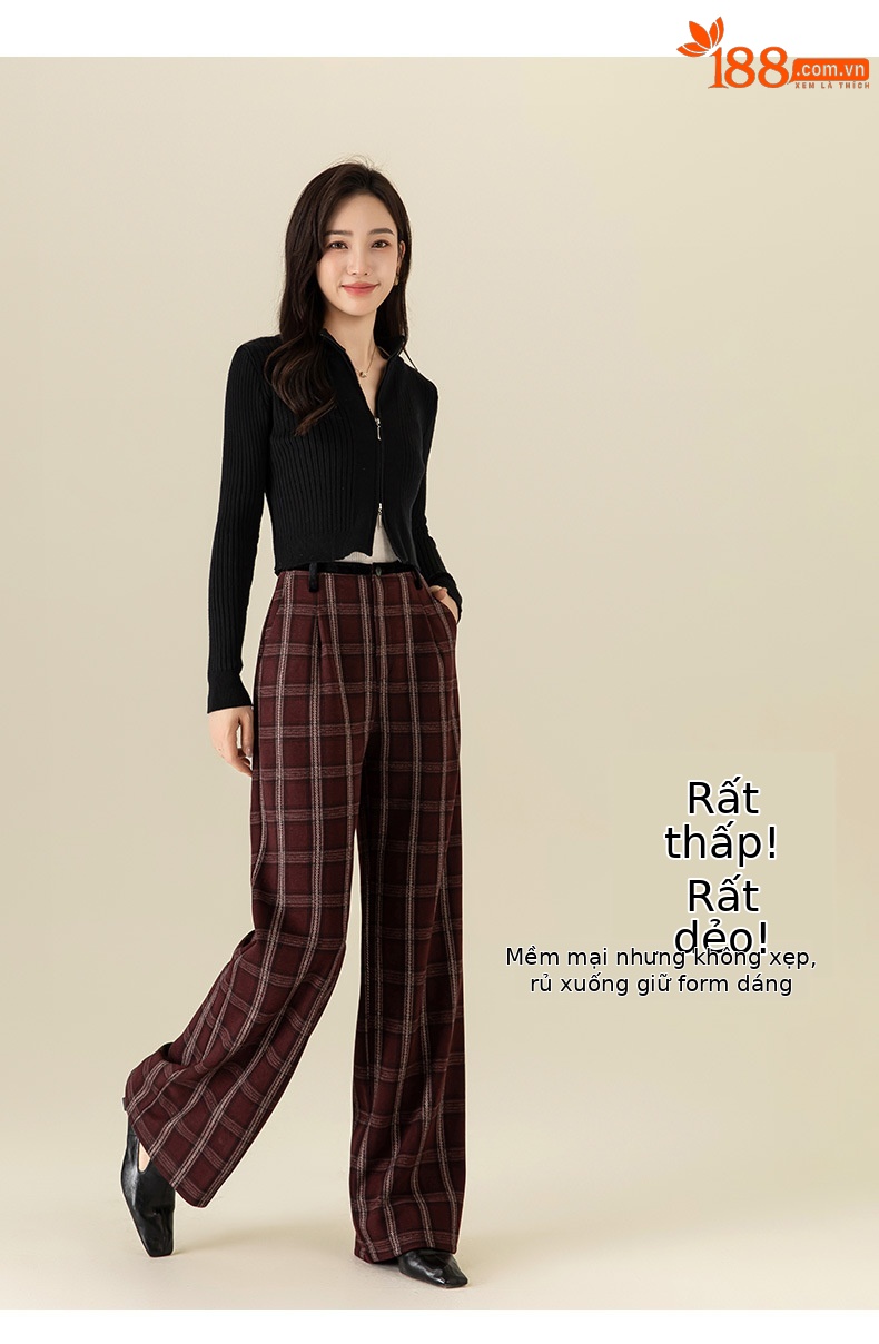 Quần ống rộng nữ kẻ sọc Hàn Quốc cạp cao dáng suông — Lưới màu xanh chi tiết 39