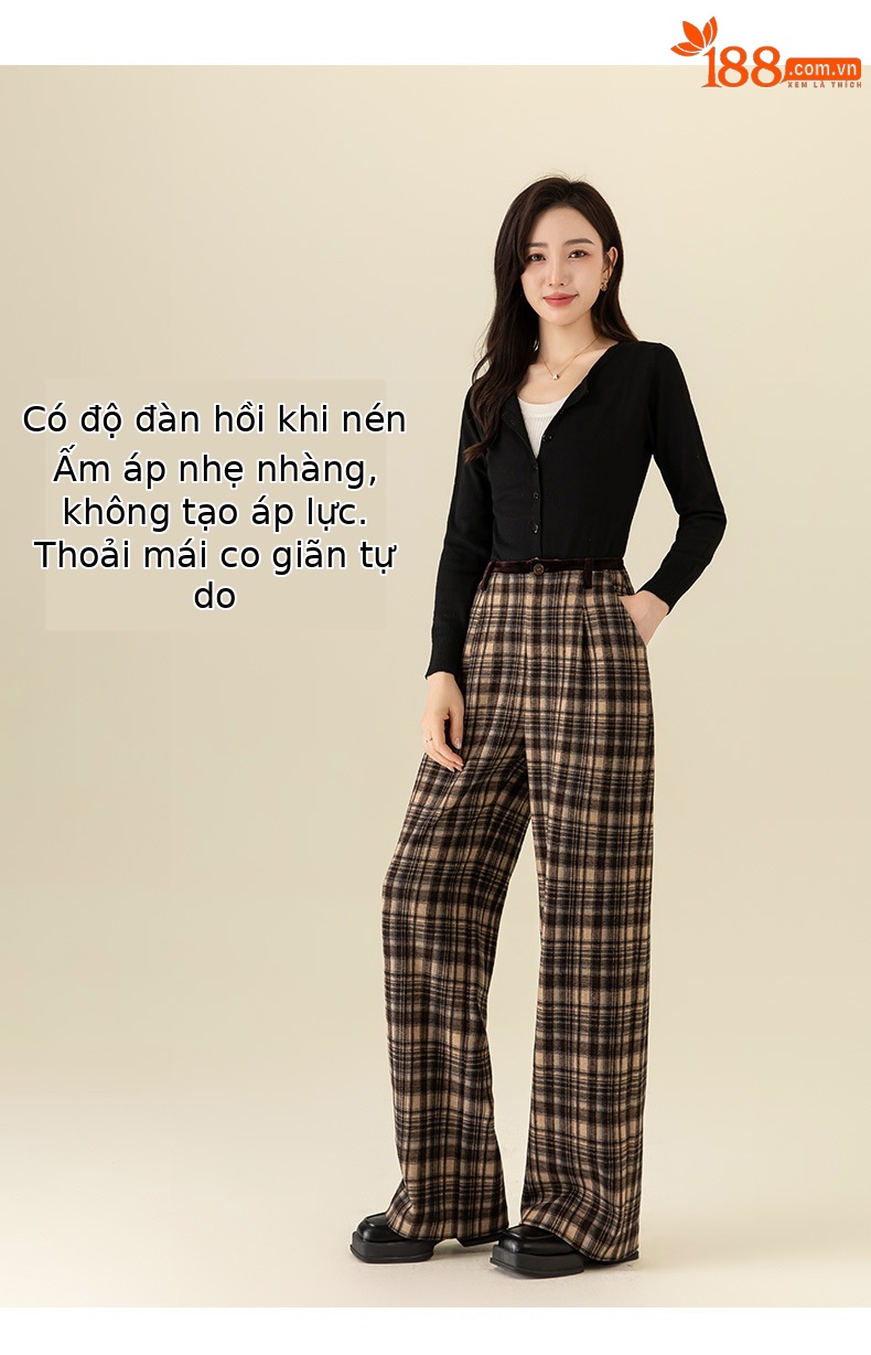 Quần ống rộng nữ kẻ sọc Hàn Quốc cạp cao dáng suông — Lưới màu xanh chi tiết 40