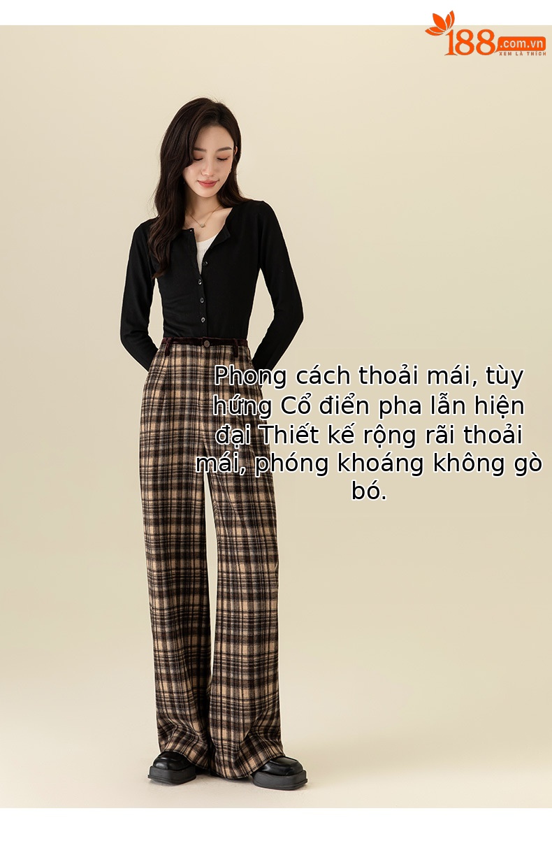 Quần ống rộng nữ kẻ sọc Hàn Quốc cạp cao dáng suông — Lưới màu xanh chi tiết 45