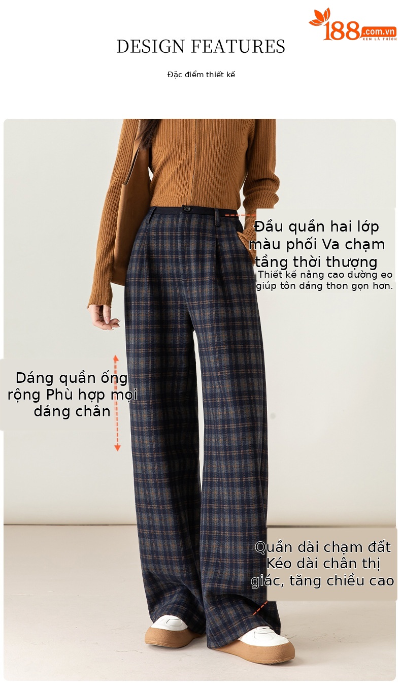 Quần ống rộng nữ kẻ sọc Hàn Quốc cạp cao dáng suông — Lưới màu xanh chi tiết 9