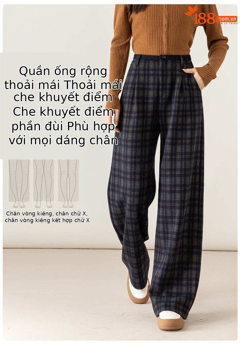 Quần ống rộng nữ kẻ sọc Hàn Quốc cạp cao dáng suông — Lưới màu xanh chi tiết 10
