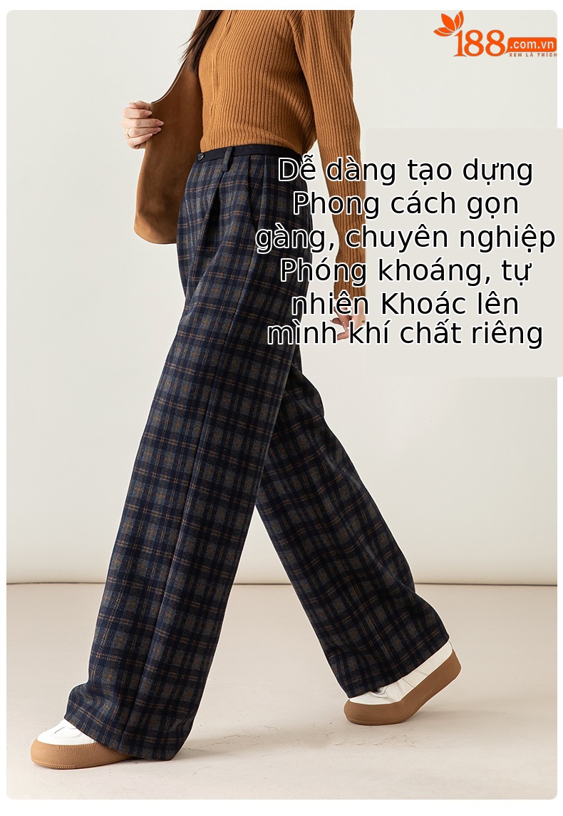 Quần ống rộng nữ kẻ sọc Hàn Quốc cạp cao dáng suông — Lưới màu xanh chi tiết 13