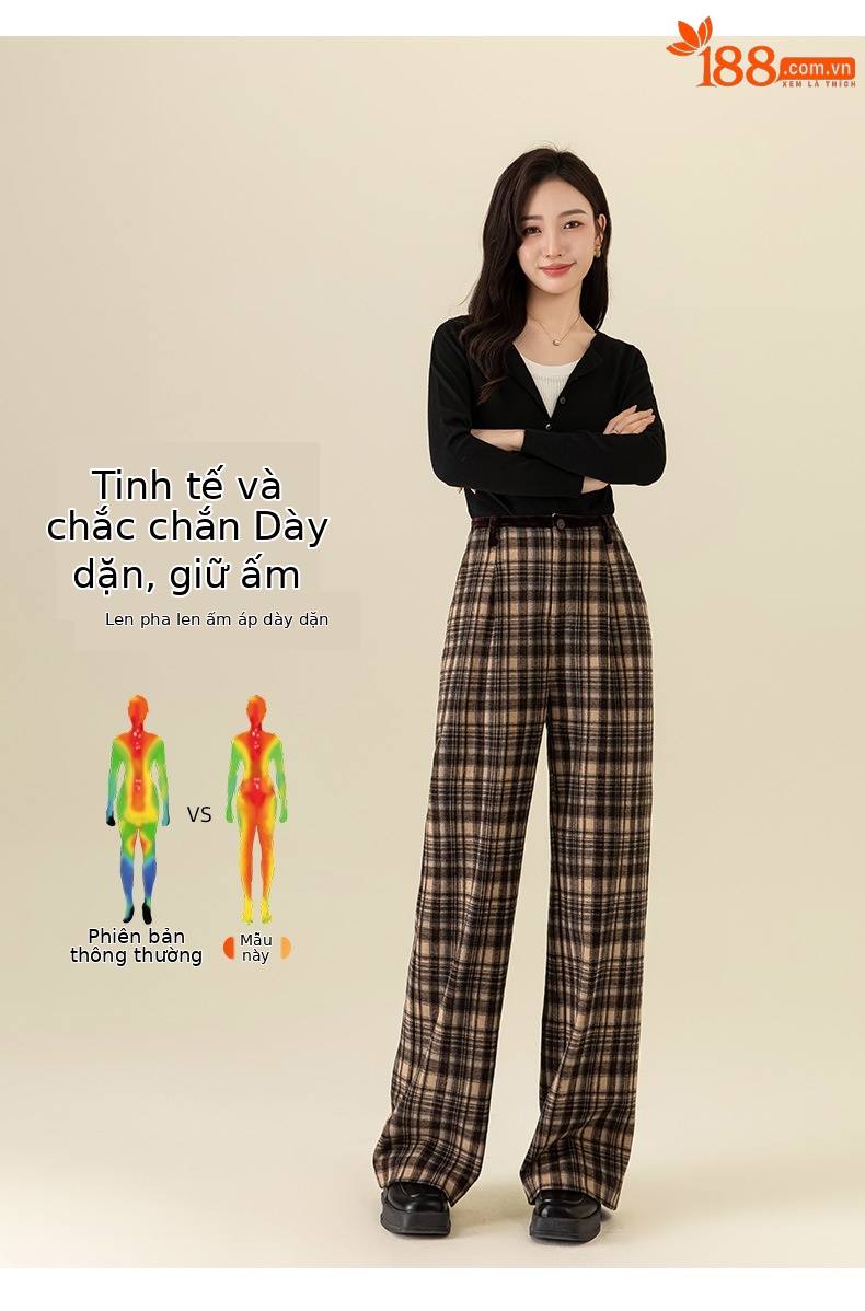 Quần ống rộng nữ kẻ sọc Hàn Quốc cạp cao dáng suông — Lưới màu xanh chi tiết 38