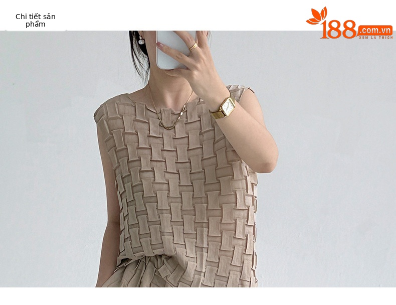 Bộ đồ xếp ly kẻ caro ba chiều áo không tay quần ống rộng — màu đen chi tiết 3