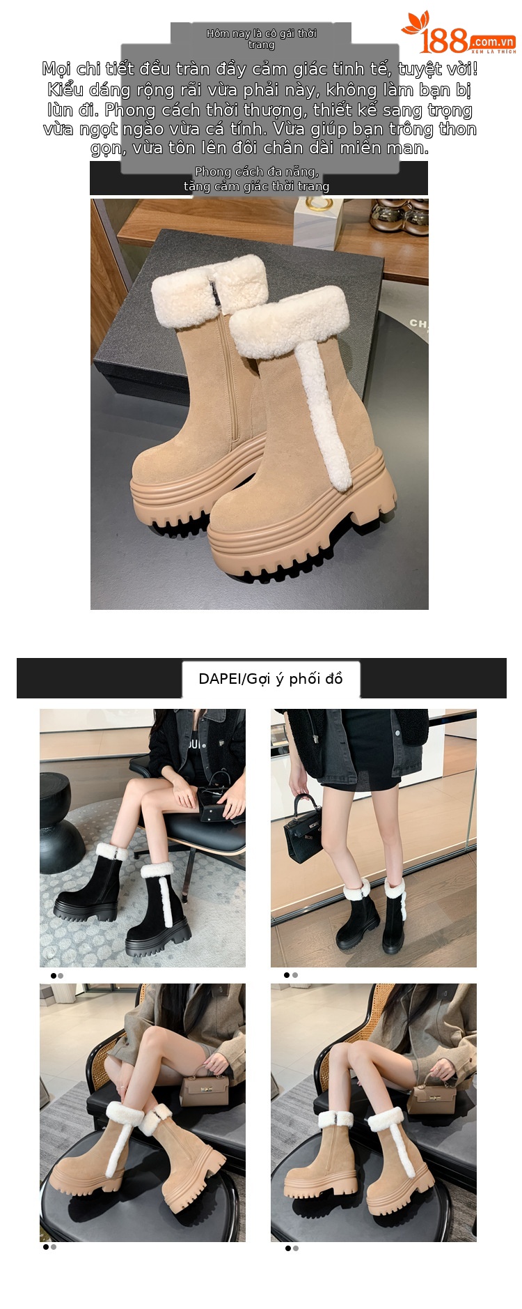 Boot ngắn nữ gót nêm lông cừu nhân tạo, tăng chiều cao bên trong, form ấm mùa đông — mơ 15cm chi tiết 2