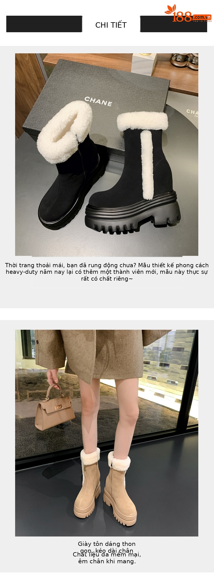 Boot ngắn nữ gót nêm lông cừu nhân tạo, tăng chiều cao bên trong, form ấm mùa đông — mơ 15cm chi tiết 3