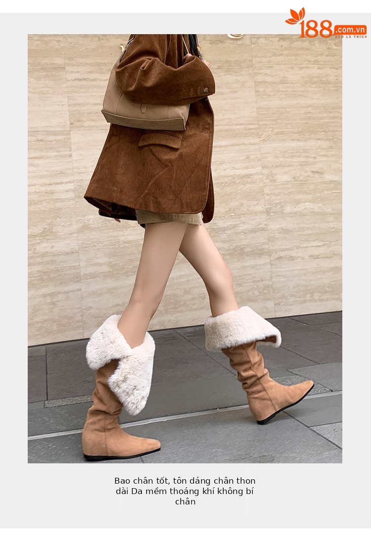 Boot tuyết nữ cổ cao ôm chân, lót lông dày, gót wedge nâng chiều cao, hai kiểu mang — màu xám chi tiết 6