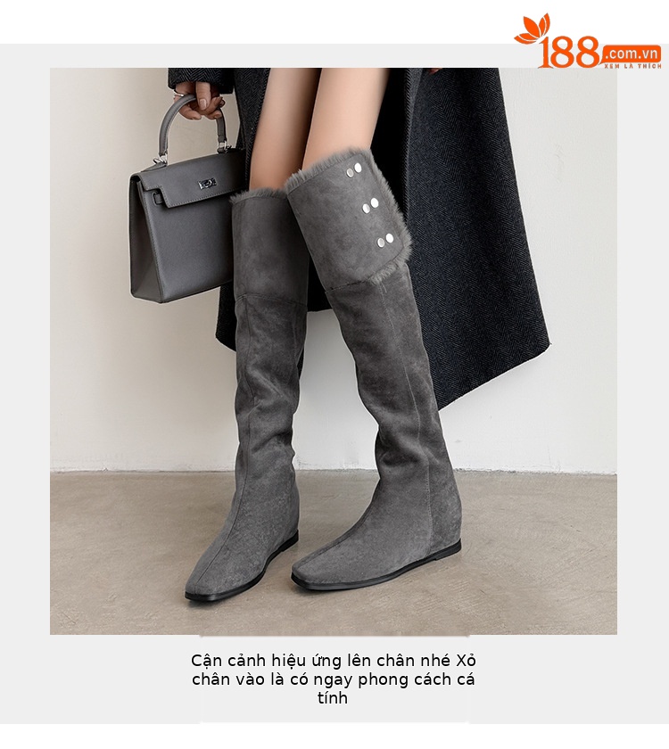 Boot tuyết nữ cổ cao ôm chân, lót lông dày, gót wedge nâng chiều cao, hai kiểu mang — màu xám chi tiết 8