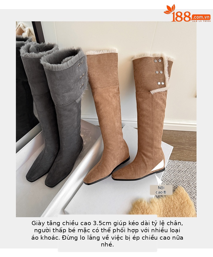 Boot tuyết nữ cổ cao ôm chân, lót lông dày, gót wedge nâng chiều cao, hai kiểu mang — màu xám chi tiết 9