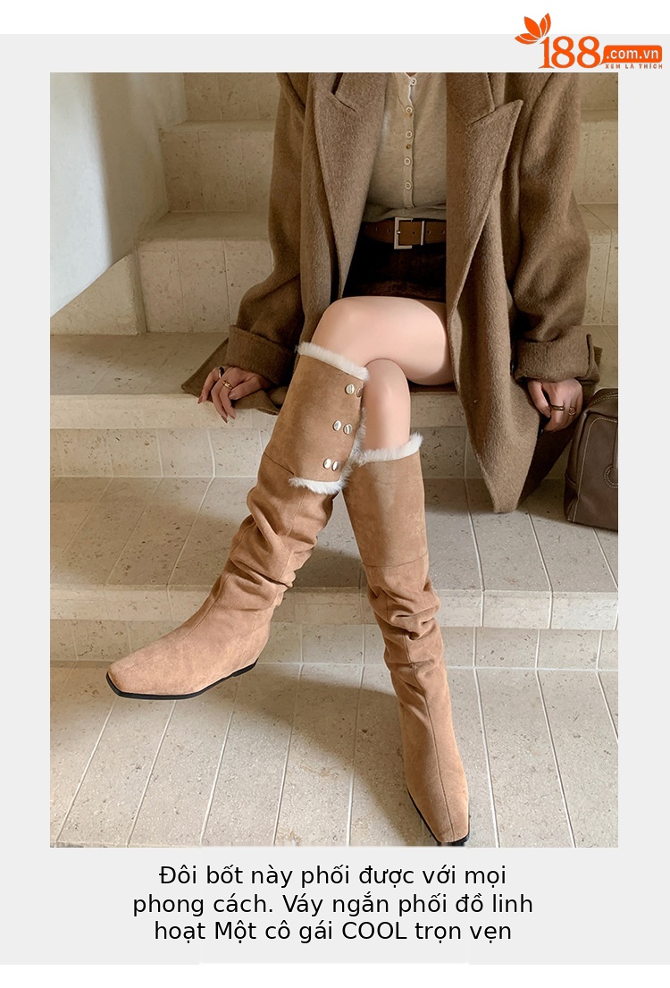 Boot tuyết nữ cổ cao ôm chân, lót lông dày, gót wedge nâng chiều cao, hai kiểu mang — màu xám chi tiết 10