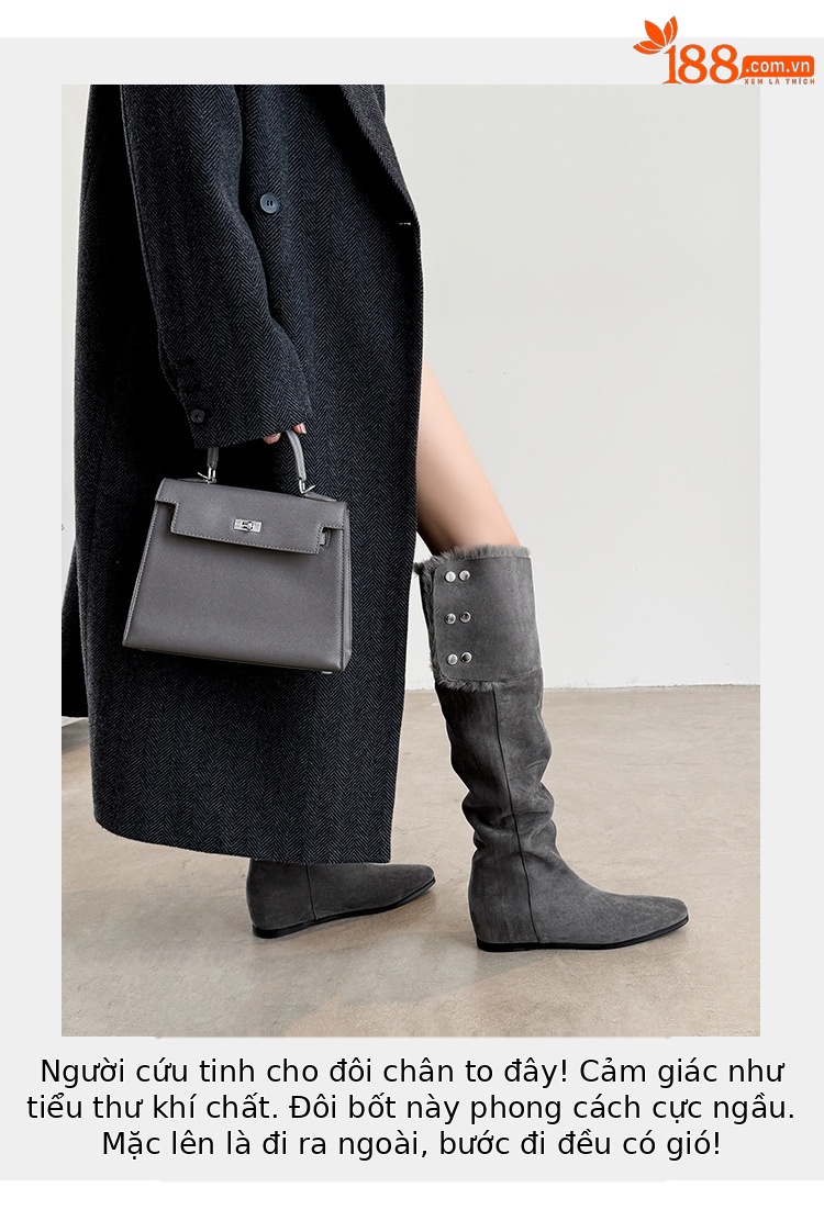 Boot tuyết nữ cổ cao ôm chân, lót lông dày, gót wedge nâng chiều cao, hai kiểu mang — màu xám chi tiết 11