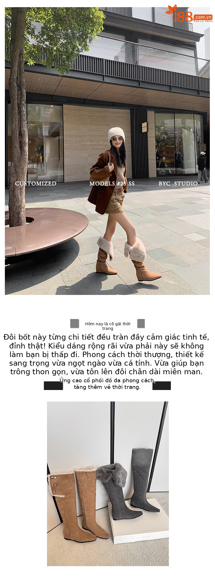 Boot tuyết nữ cổ cao ôm chân, lót lông dày, gót wedge nâng chiều cao, hai kiểu mang — màu xám chi tiết 2