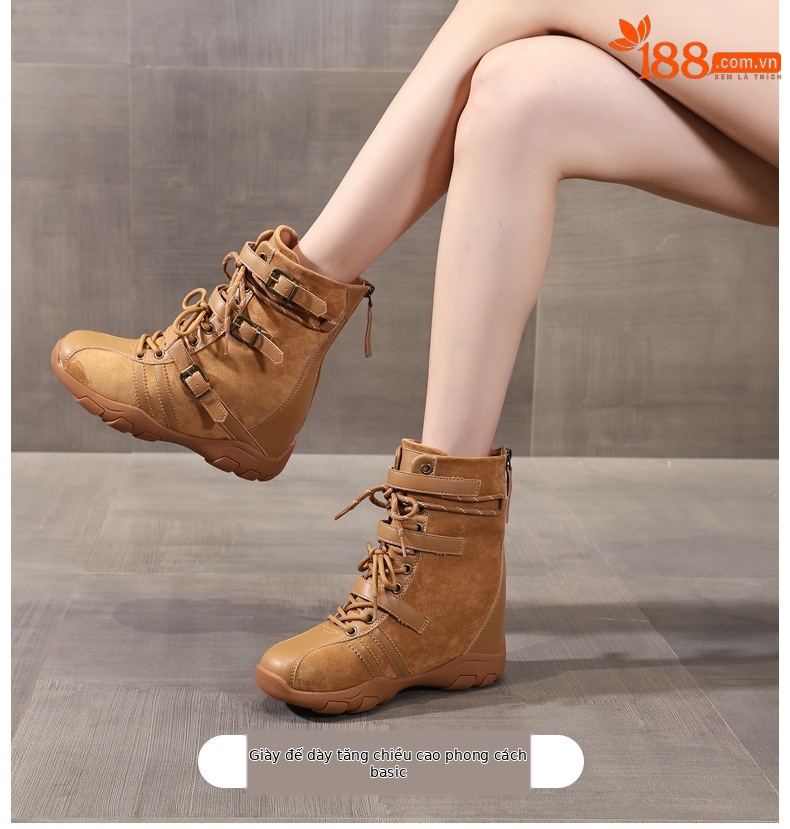 Giày boot nữ cổ ngắn đế dày tăng chiều cao phong cách retro siêu mềm đa năng — màu đen chi tiết 1
