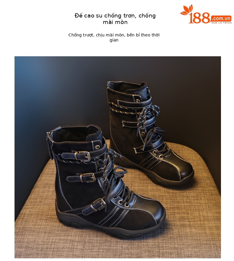 Giày boot nữ cổ ngắn đế dày tăng chiều cao phong cách retro siêu mềm đa năng — màu đen chi tiết 10