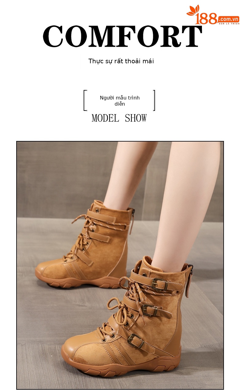Giày boot nữ cổ ngắn đế dày tăng chiều cao phong cách retro siêu mềm đa năng — màu đen chi tiết 11