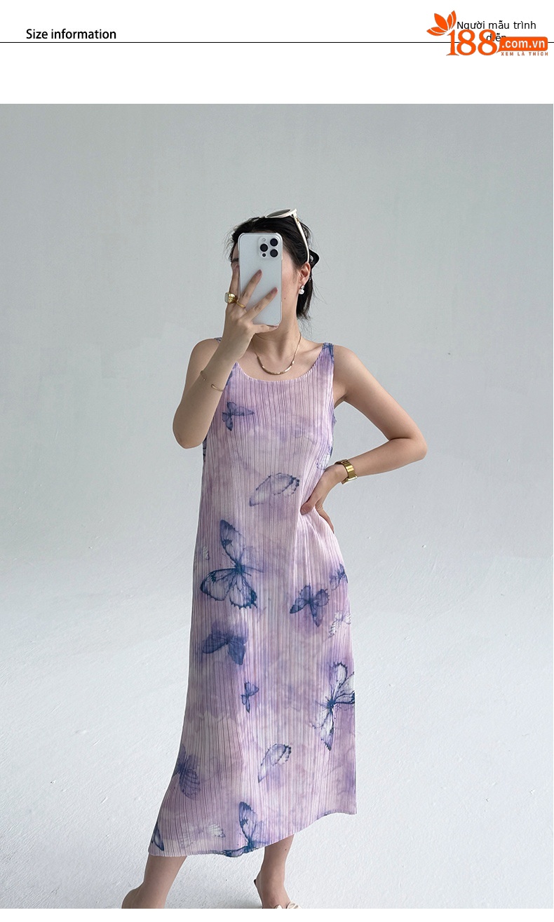 Đầm suông midi in họa tiết bướm gradient phong cách Pháp — màu tím nhạt chi tiết 6