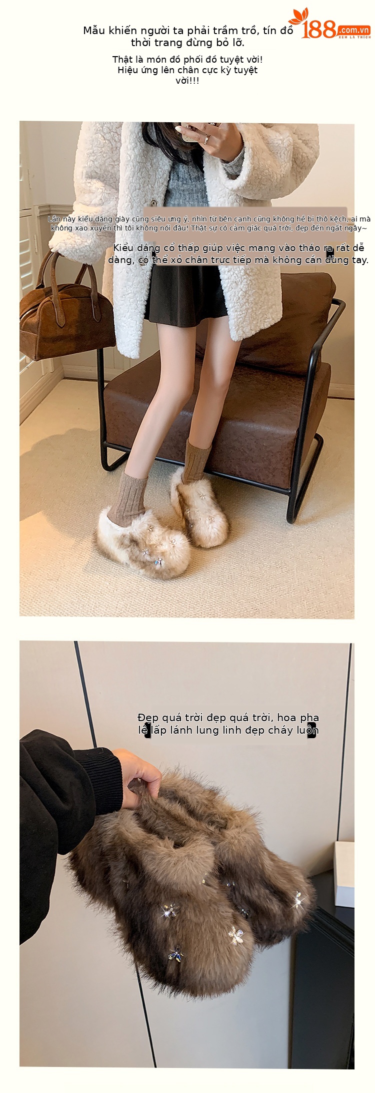 Sục nữ lông ấm đế dày đính đá phong cách Hàn Quốc — Lót lông màu nâu chi tiết 5
