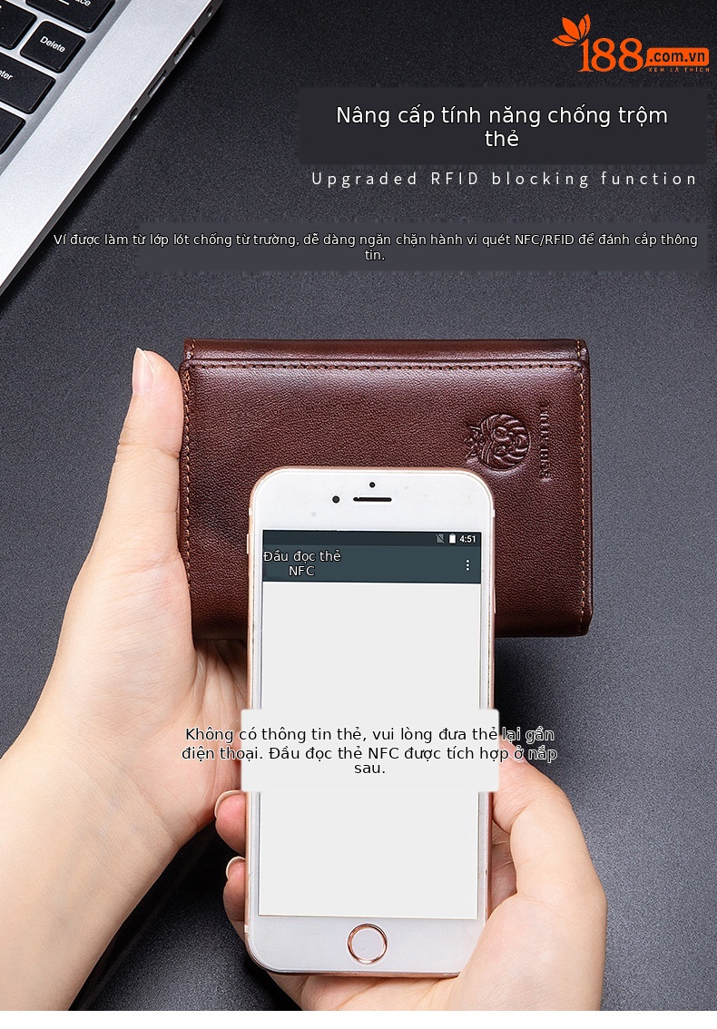 Ví nam ngắn da thật cổ điển chống trộm RFID — Màu nâu, màu đen, Ngựa điên màu nâu chi tiết 4