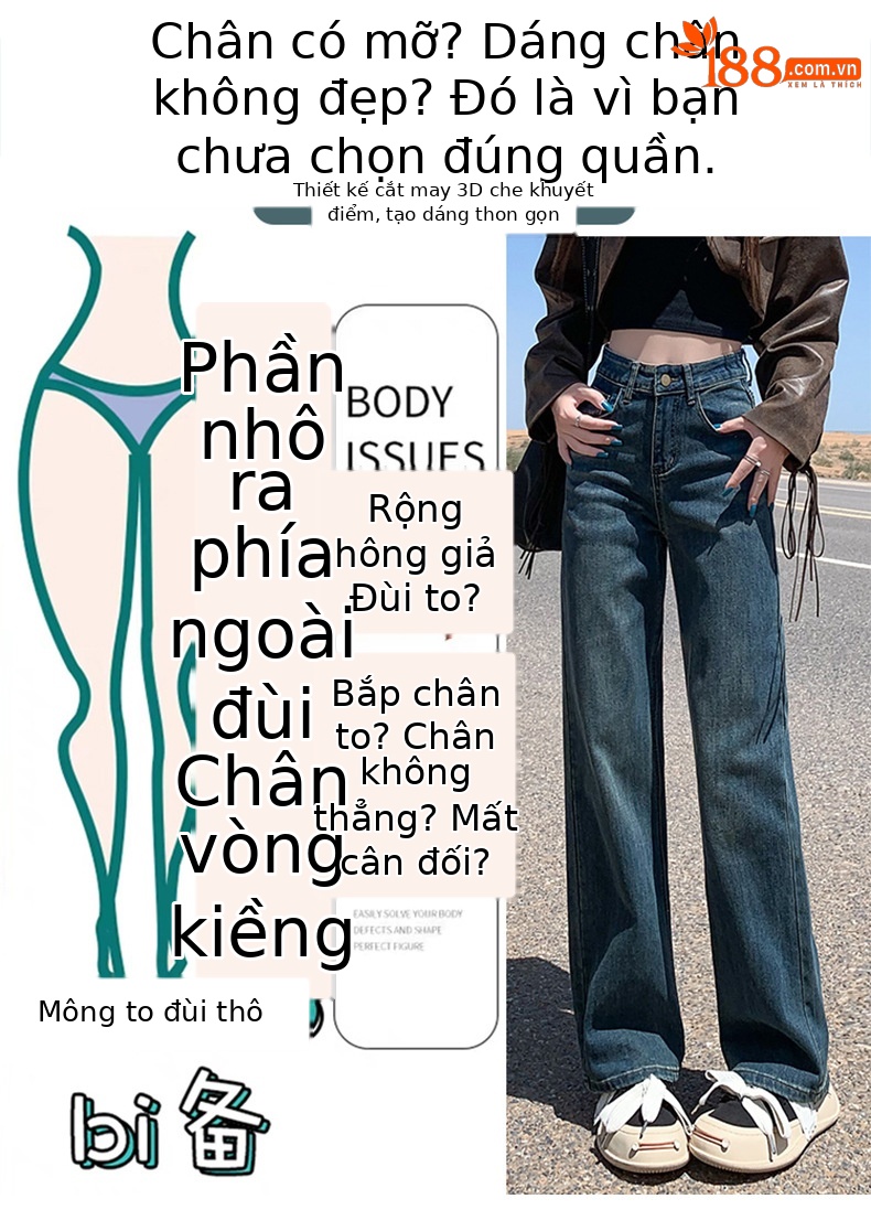 Quần jean nữ ống rộng cạp cao dáng suông dài chạm đất — Màu xanh hoài cổ với Ninette chi tiết 8