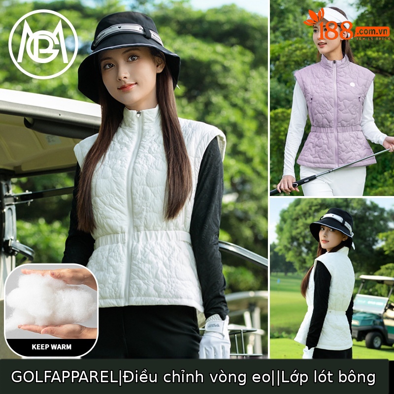 Áo vest khoác nữ thể thao golf chần bông cổ đứng khóa kéo — Áo vest trắng [eo có thể điều chỉnh/cổ áo đứng có khóa kéo/lót chần bông] YF856