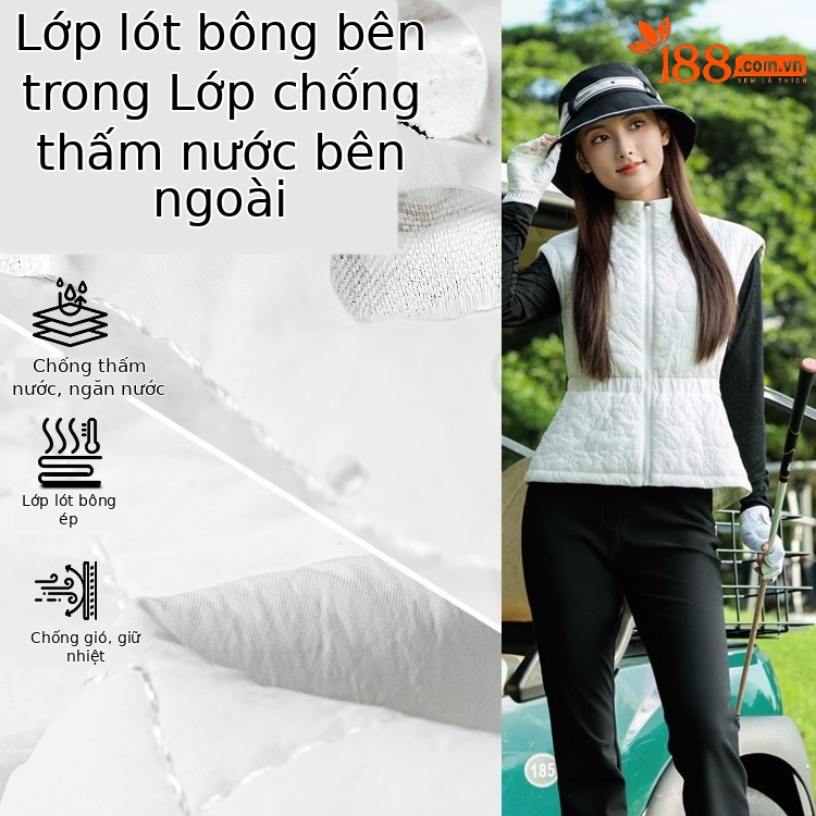 Áo vest khoác nữ thể thao golf chần bông cổ đứng khóa kéo — Áo vest trắng [eo có thể điều chỉnh/cổ áo đứng có khóa kéo/lót chần bông] YF856
