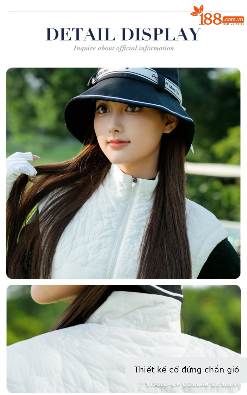 Áo vest khoác nữ thể thao golf chần bông cổ đứng khóa kéo — Áo vest trắng [eo có thể điều chỉnh/cổ áo đứng có khóa kéo/lót chần bông] YF856 chi tiết 5